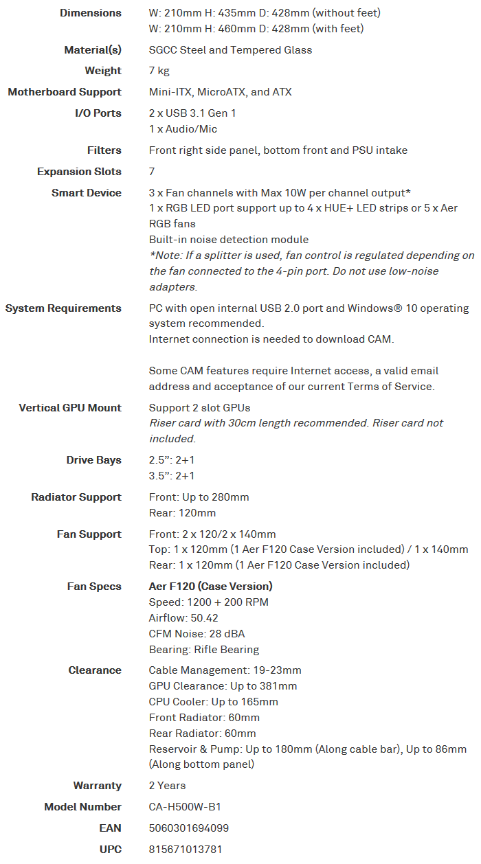 Specificaties (NZXT H500i Zwart)