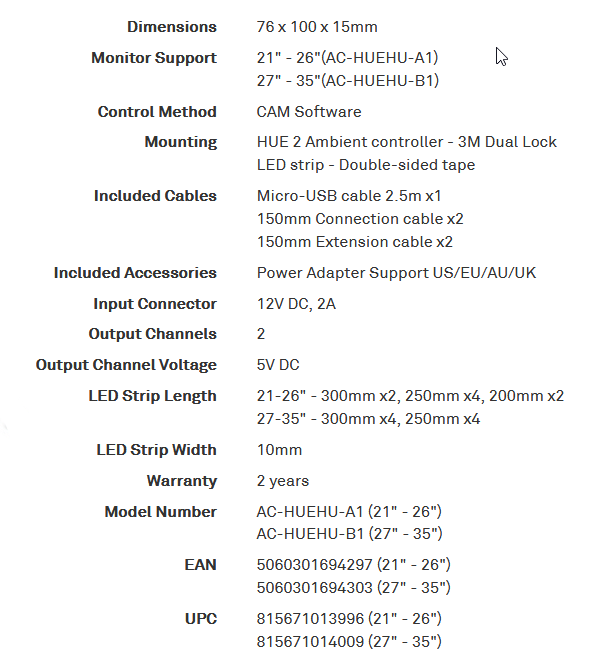 Specificaties (NZXT HUE 2 Ambient RGB Lighting Kit)