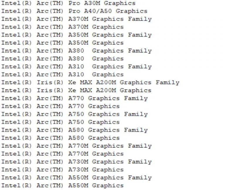 Intel Arc Graphics Driver - lijst